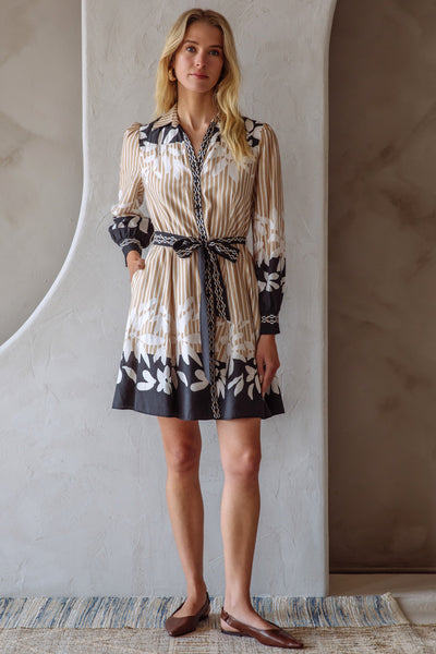 Long Sleeve Border Print Mini Dress- Beige-K. Ellis Boutique