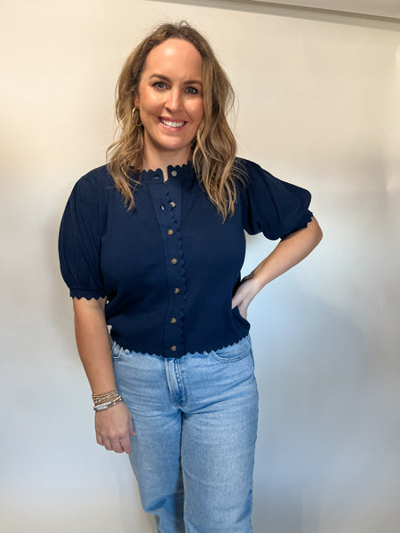 Beth Scallop Knit Button Up Cardigan /Top- Navy-K. Ellis Boutique