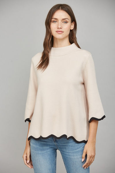Scallop Edge Detailed Mock Neck Sweater- Blush/Black-K. Ellis Boutique