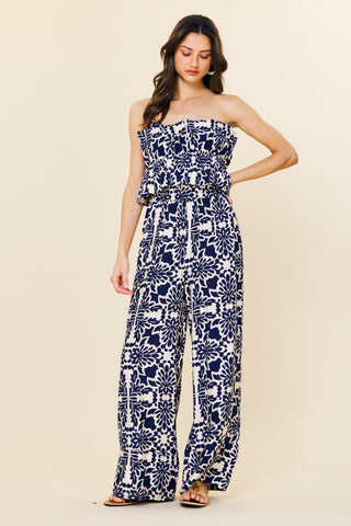 Printed Wide Leg Strapless Jumpsuit- Navy-jumpsuits/rompers-K. Ellis Boutique