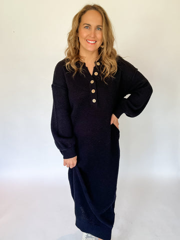 Solid Long Sleeve Knitted Midi Dress- Black-K. Ellis Boutique