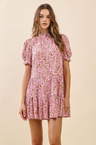 Paisley Print Ruffled Mock Neckline Mini Dress- Pink-K. Ellis Boutique