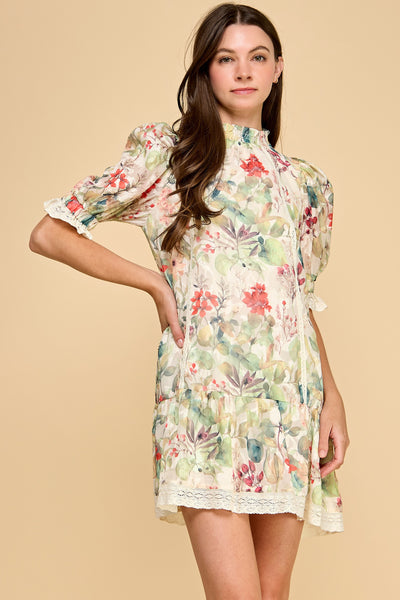 Floral Print Lace Trim Detail Baby Doll Dress-K. Ellis Boutique