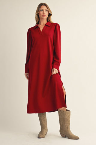 Side Slit Solid Midi Dress- Wine-K. Ellis Boutique