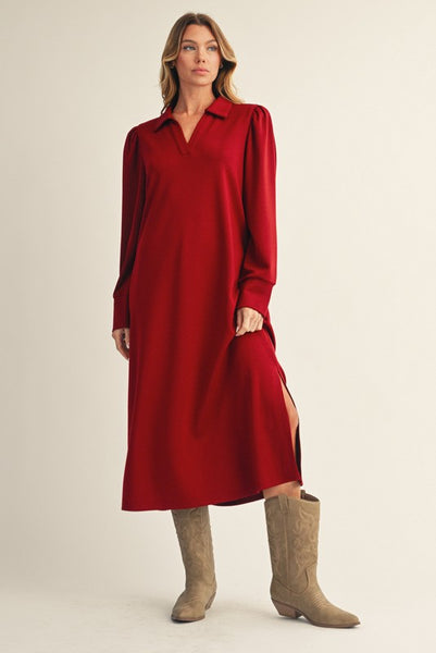 Side Slit Solid Midi Dress- Wine-K. Ellis Boutique