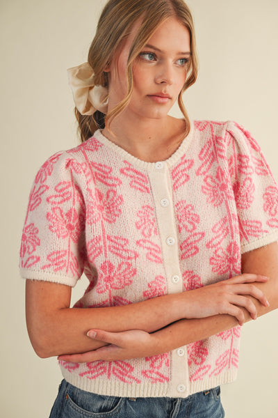 Floral sweater cardigan- Pink-K. Ellis Boutique