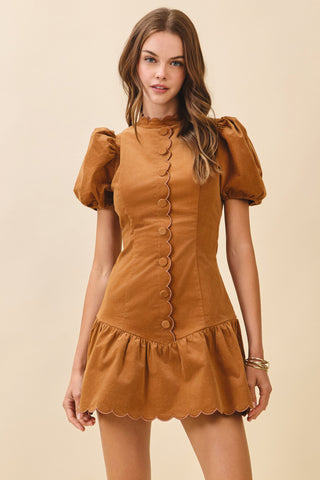 Scalloped Button Front Camel Mini Dress- Camel-K. Ellis Boutique