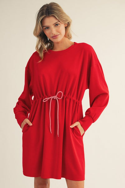 Drawstring Waist Long Sleeve Mini- Red-K. Ellis Boutique