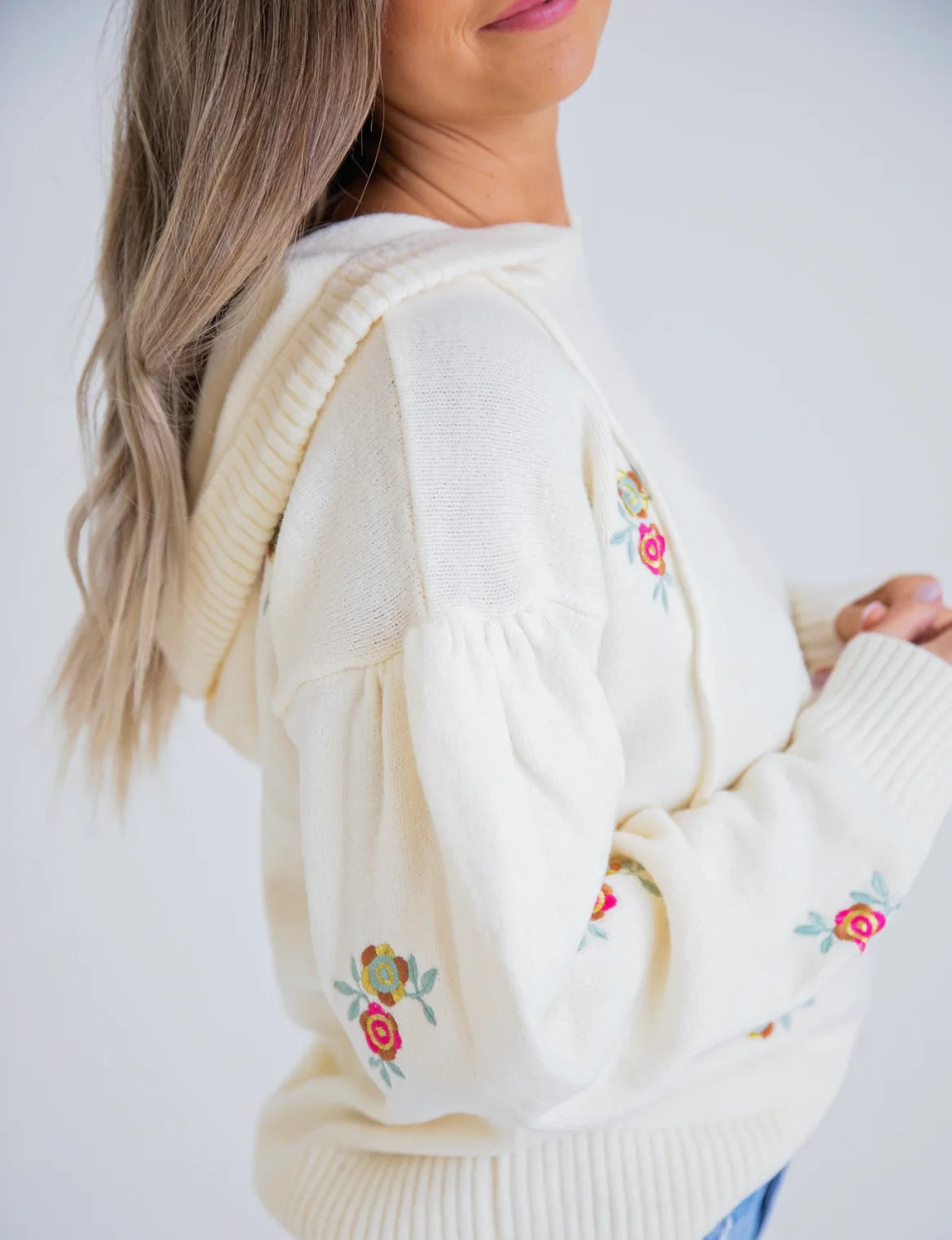 Embroidered Floral Novelty Sweater Hoodie - Ivory- Karlie-K. Ellis Boutique