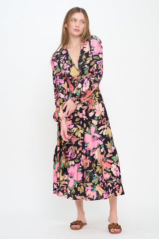 Midnight Garden Long Sleeve Maxi- Black Floral-Midi-K. Ellis Boutique