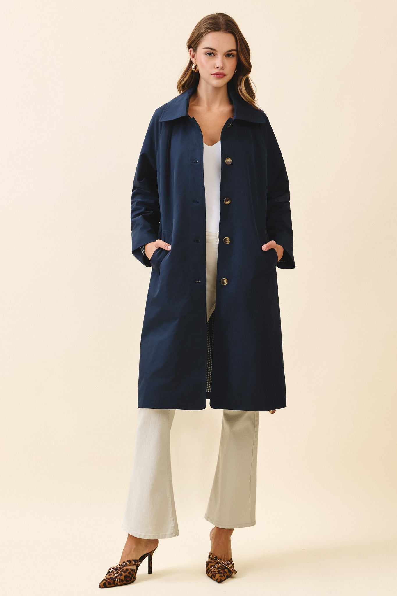 Longline Spread Collar Front Button Trench Coat- Navy-K. Ellis Boutique