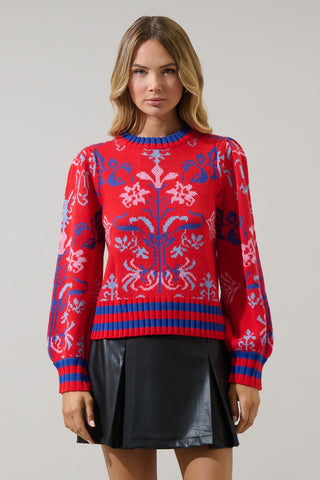 Almila Pleated Sweater- Red Multi-Sweater-K. Ellis Boutique