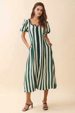 Bold Vertical Stripes Square Neck Midi Dress- Hunter Green-K. Ellis Boutique