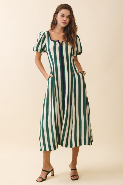 Bold Vertical Stripes Square Neck Midi Dress- Hunter Green-K. Ellis Boutique