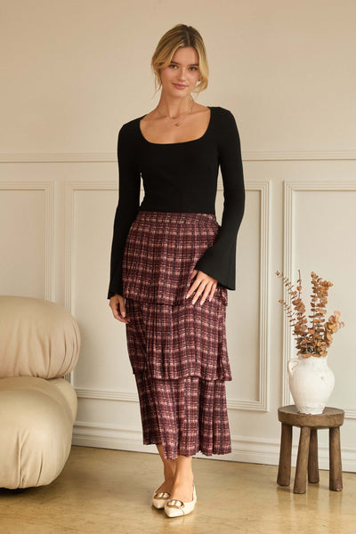 Tiered Pleated Plaid Pattern Midi Skirt- Burgundy Plaid-K. Ellis Boutique