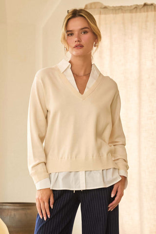 Layered Look V-neck Mixed Media Sweater-Cream/Ivory-Sweater-K. Ellis Boutique