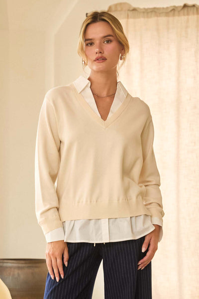 Layered Look V-neck Mixed Media Sweater-Cream/Ivory-K. Ellis Boutique