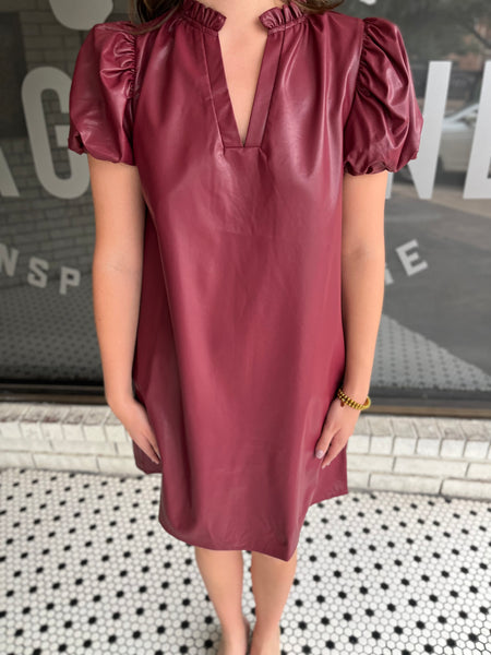 Faux Leather V-Neck Mini Dress - Burgundy-K. Ellis Boutique