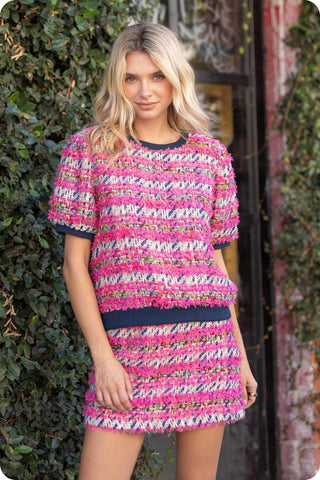 Lurex Tweed Rib Contrast Top- Pink & Blue-K. Ellis Boutique