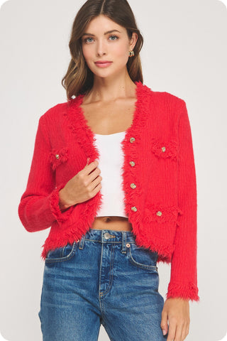 The Kym Frayed Trim Textured Cardigan- Red-Cardigans-K. Ellis Boutique