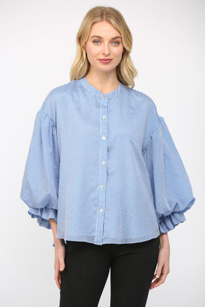 Pinstripe Bubble Sleeve Blouse- Blue & White-K. Ellis Boutique
