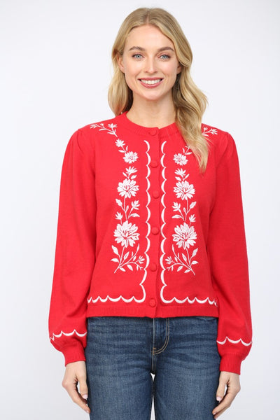 Embroidered Detail Ballon Sleeve Cardigan- Red-K. Ellis Boutique