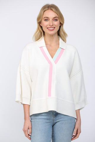 White Collar Blouse with Blue & Pink Trim-Long Sleeve Top-K. Ellis Boutique