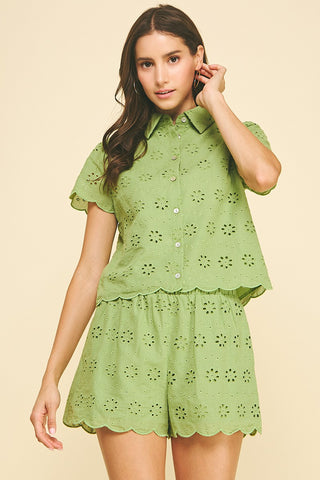 Eyelet Detailed Button Down Shirt & Short - Sage-Set-K. Ellis Boutique