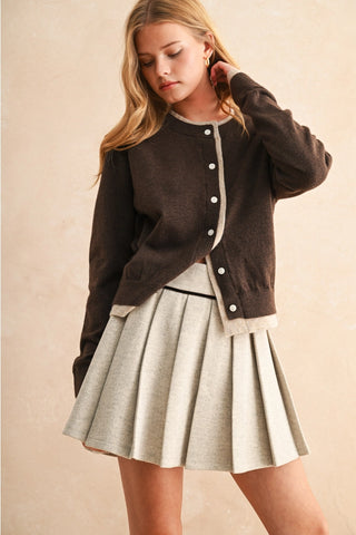 Contrast Button Front Cardigan- Brown/Tan-Cardigans-K. Ellis Boutique