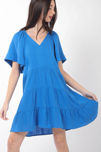 Solid Babydoll Tiered Flare Mini Dress-Blue-K. Ellis Boutique