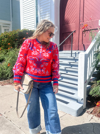 Almila Pleated Sweater- Red Multi-Sweater-K. Ellis Boutique