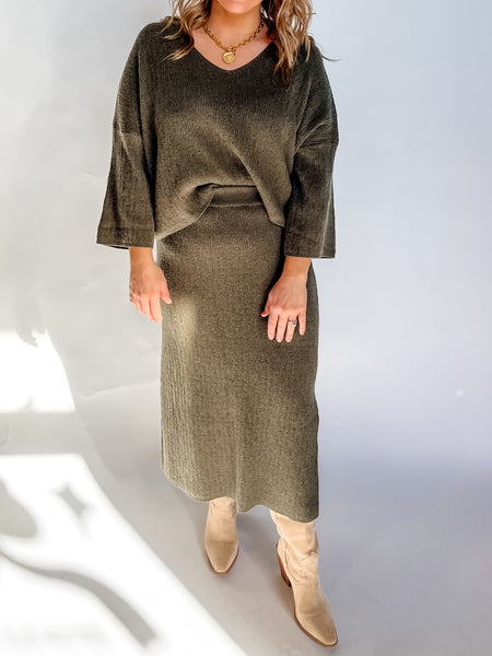 Ribbed Long Sleeve Top & Maxi Skirt Set- Olive-K. Ellis Boutique