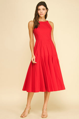 Halter Neck A-line Midi Dress- Red-Midi/Maxi Dress-K. Ellis Boutique
