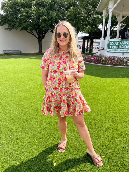 Floral Print Short Sleeve Mini Dress- Chartreuse-K. Ellis Boutique