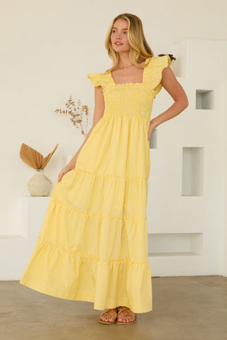 Sara Stripe Maxi Dress With Smocking- Yellow-Midi/Maxi Dress-K. Ellis Boutique