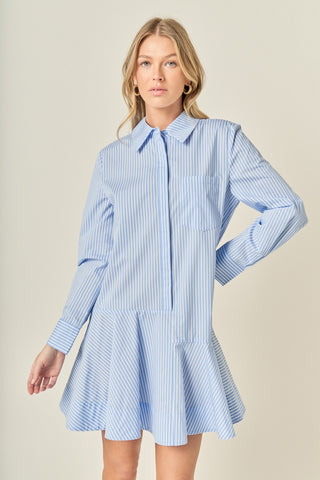 Stripe Collar Flared Skirt Dress- Powder Blue-Mini Dress-K. Ellis Boutique