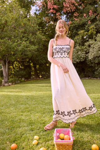 Jackie Embroidered Maxi Dress With Contrast Detail- Cream and Black-Midi/Maxi Dress-K. Ellis Boutique