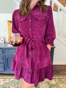 Corduroy Ruffle Hem Mini Dress- Violet-K. Ellis Boutique