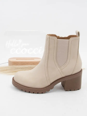 Round Toe Chelsea Bootie with Block Heel- Beige-K. Ellis Boutique