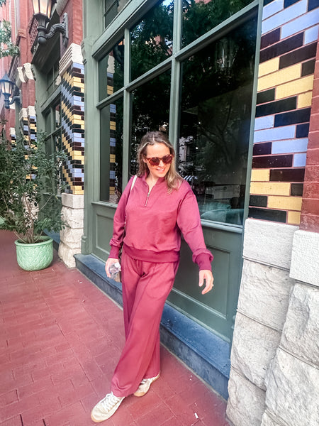 Half Zip Sweatshirt & Pant Set- Wine-K. Ellis Boutique