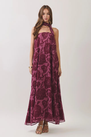 Fall Nights Burgundy Floral Print Dress-Midi/Maxi Dress-K. Ellis Boutique