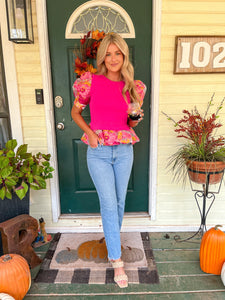 TEXTURED FLORAL SWEATER LAYERED TOP - HOT PINK-K. Ellis Boutique