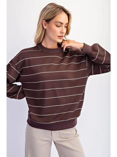 Modal Scuba Stripe Crew Neck Top- Espresso/Cream-K. Ellis Boutique