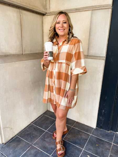 Checkered Collared Button Down Mini Dress- Caramel-K. Ellis Boutique