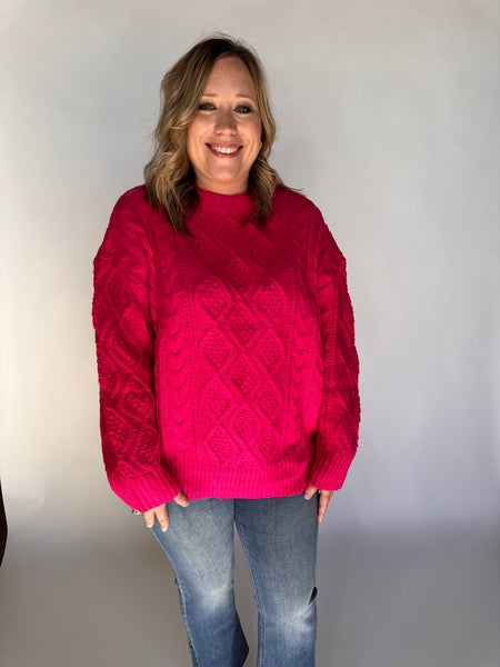 Oversized Mixed Cable Pattern Sweater Top- Hot Pink-K. Ellis Boutique