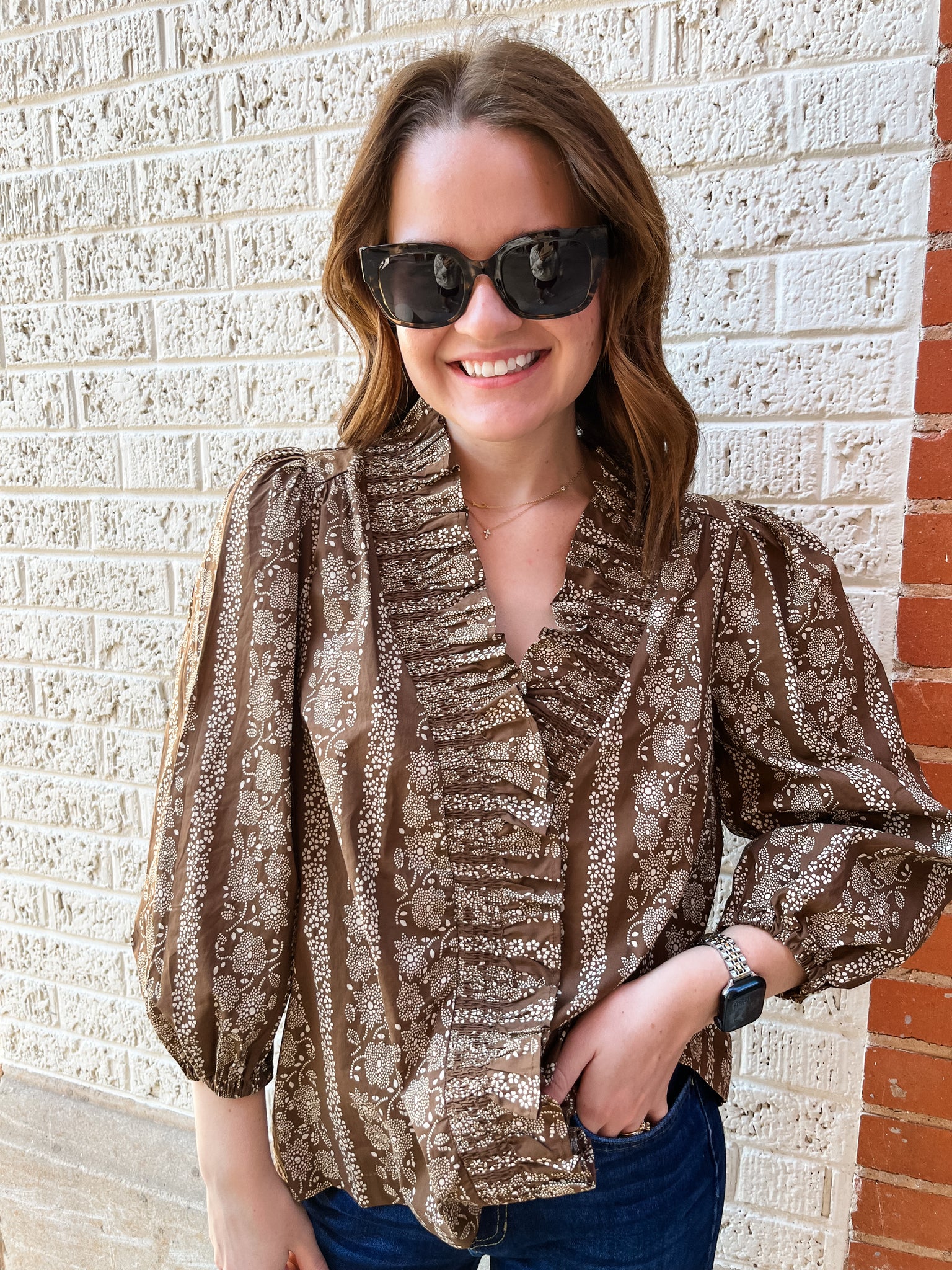 Abstract Print Ruffle Front Blouse- Brown-K. Ellis Boutique