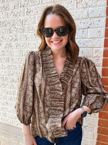 Abstract Print Ruffle Front Blouse- Brown-K. Ellis Boutique