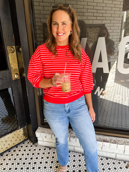 Striped Print 3/4 Sleeves Top- Pink/Red-K. Ellis Boutique