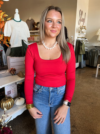 Butter Square Neck Long Sleeve- Red-Basic tee/Tank-K. Ellis Boutique