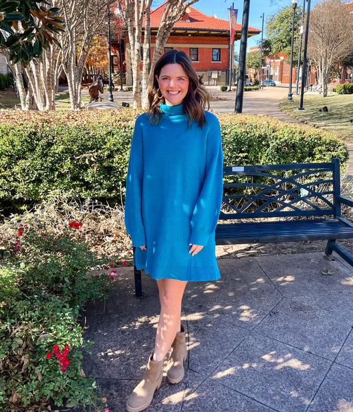 Waffle Knit Turtleneck Sweater Dress- Teal-K. Ellis Boutique